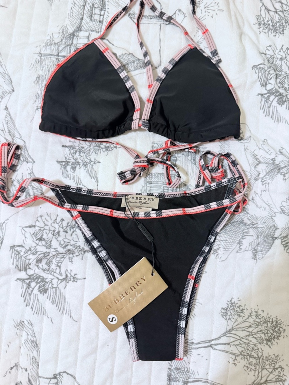 Burberry Black Triangle Bikini with Pink-Trim Plaid set NWT
